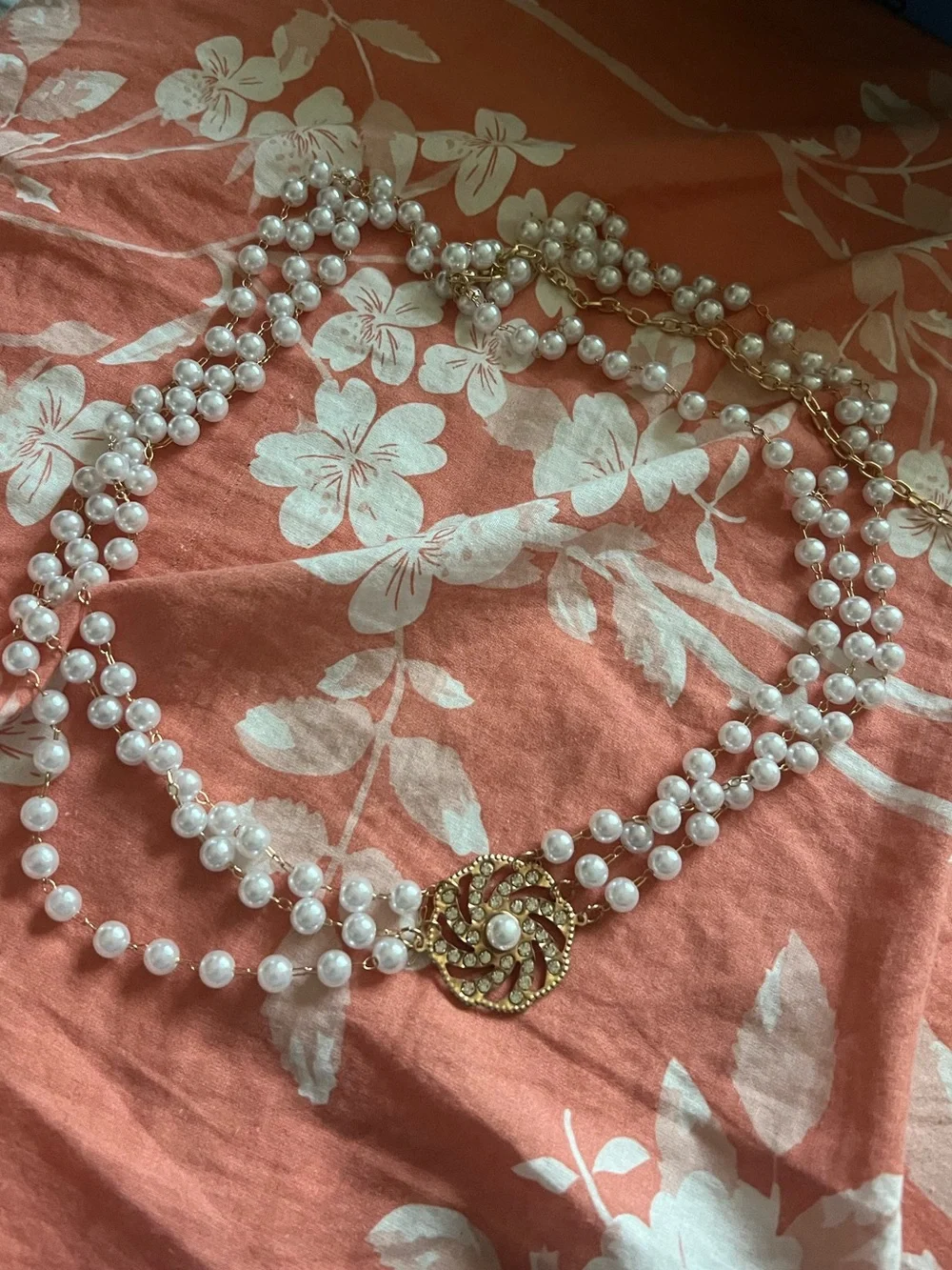 Anthropologie White Pearl Multi-Strand Waist Chain with Gold Medallion